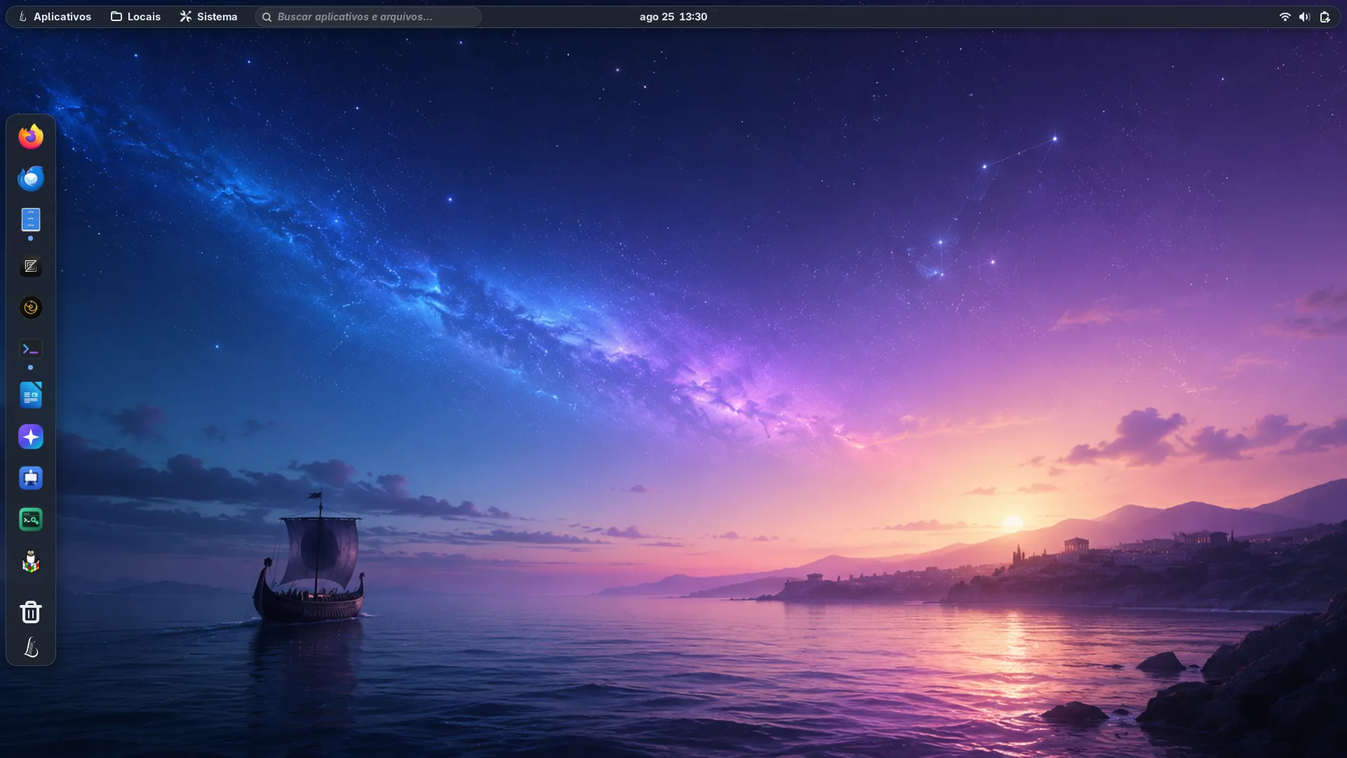 Área de trabalho do Lyra OS Desktop Alpha 6: GNOME com painel superior, dock lateral de aplicativos e o papel de parede Odisseia.